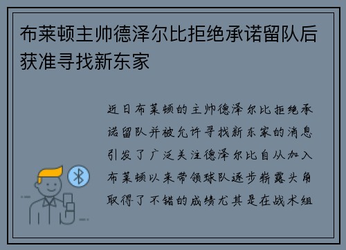 布莱顿主帅德泽尔比拒绝承诺留队后获准寻找新东家