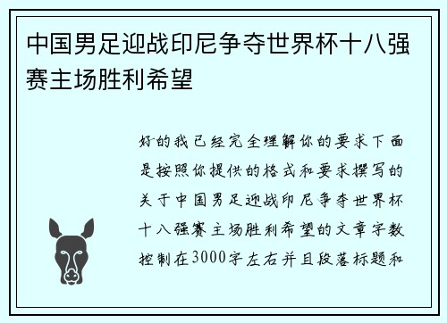 中国男足迎战印尼争夺世界杯十八强赛主场胜利希望
