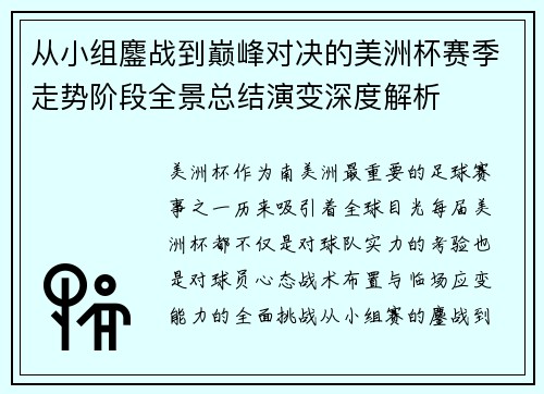 从小组鏖战到巅峰对决的美洲杯赛季走势阶段全景总结演变深度解析